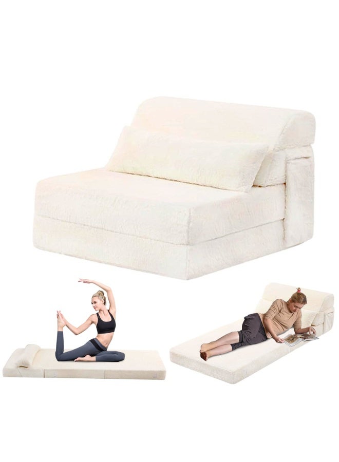 YSOAE Portable Comfy Folding Sofa Bed, Fold Out Sleeper Couch with Back Support,  Futon Mattress for Travel & Camping, Floor Lounger Chair Bed for Living Room, Guest Room, Dorm, Apartment, White - Image 1
