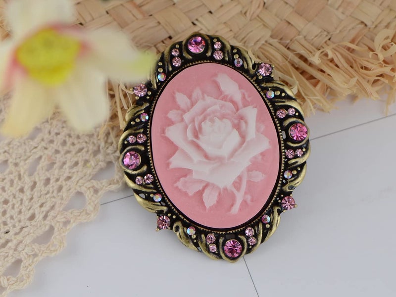 Alilang Vintage Inspired Antique Reproduct Rose Pink Crystal Flower Cameo Pin Brooch, Rose Pink - Image 2