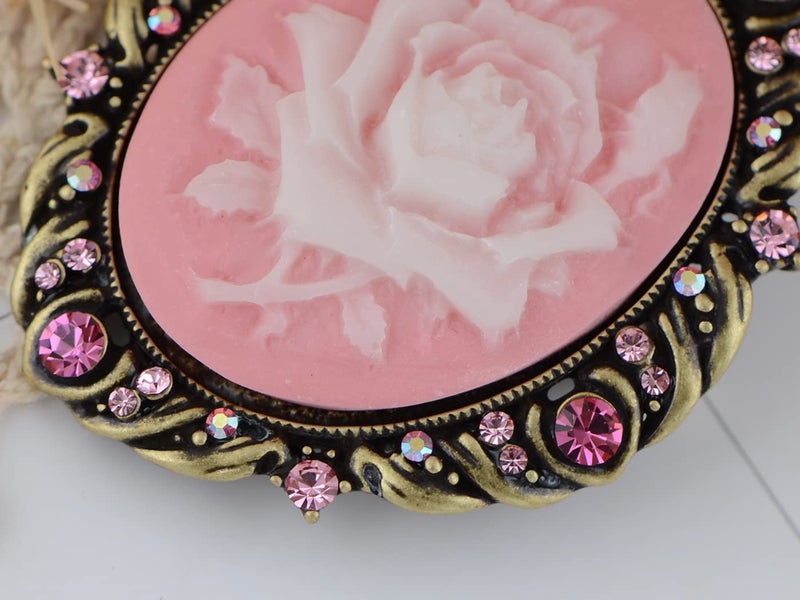 Alilang Vintage Inspired Antique Reproduct Rose Pink Crystal Flower Cameo Pin Brooch, Rose Pink - Image 3