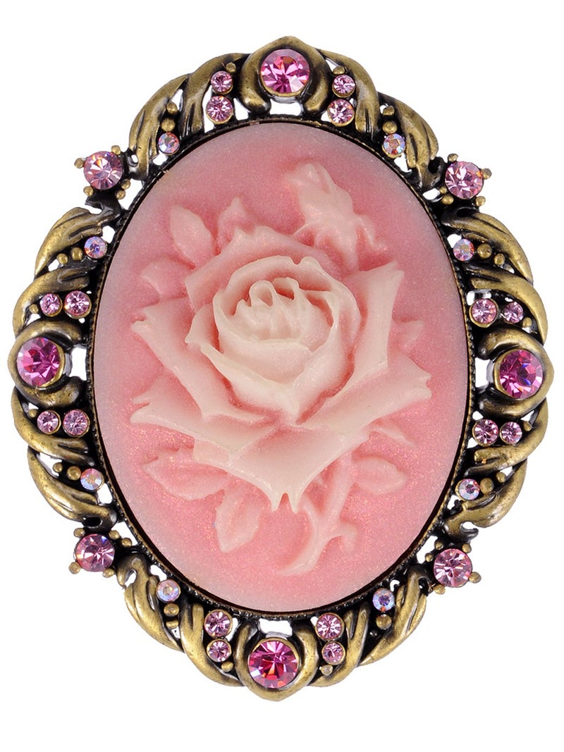 Alilang Vintage Inspired Antique Reproduct Rose Pink Crystal Flower Cameo Pin Brooch, Rose Pink - Image 1