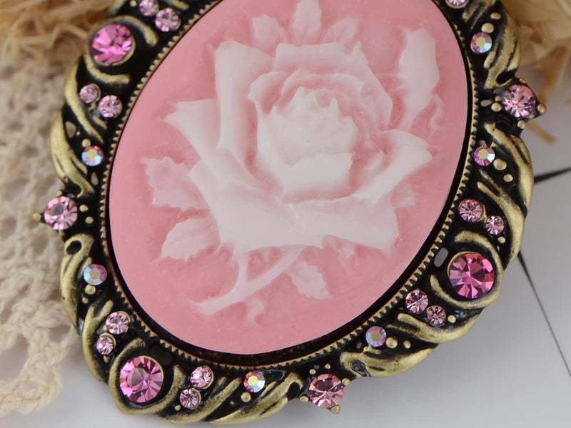 Alilang Vintage Inspired Antique Reproduct Rose Pink Crystal Flower Cameo Pin Brooch, Rose Pink - Image 4