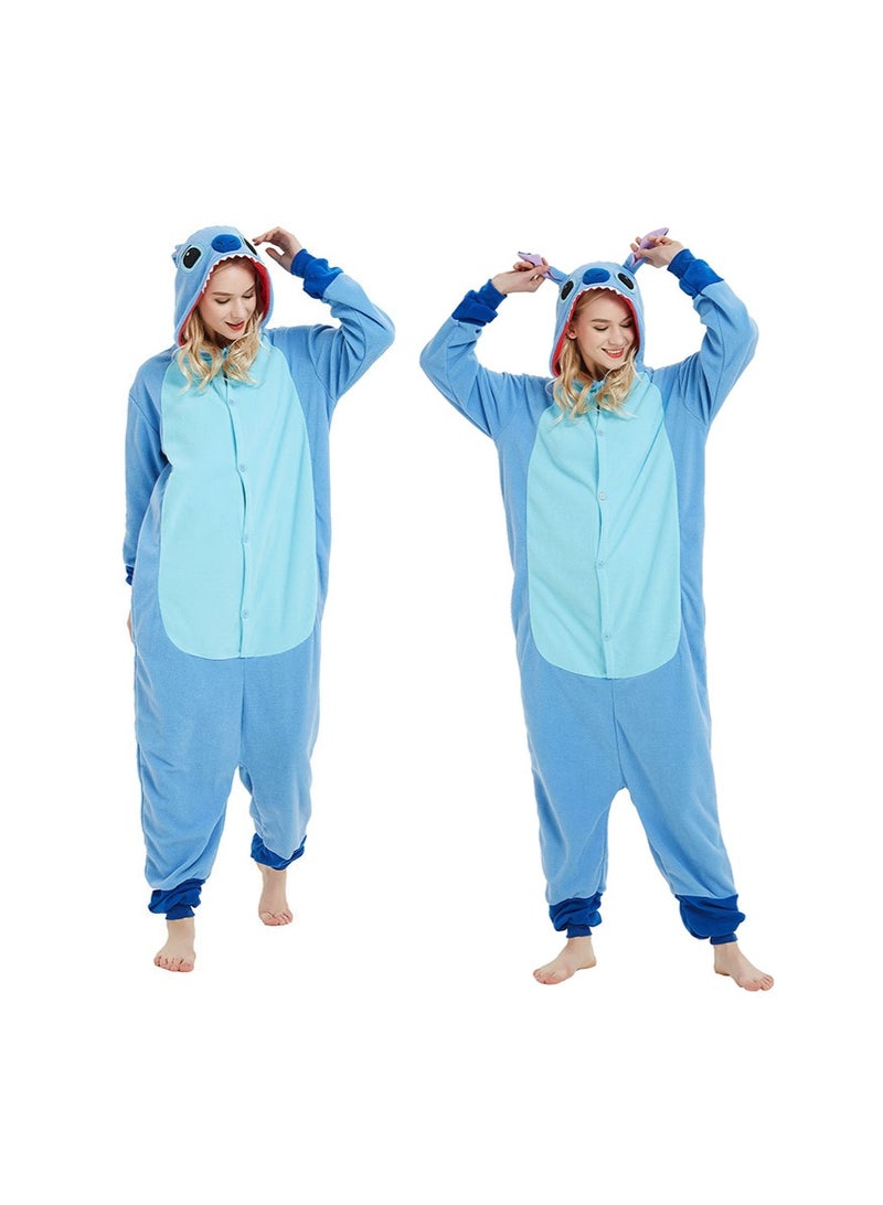 TAPIT Adult Fleece Cartoon Animal Onesie Pajamas, Hooded Jumpsuit Animal Party Performance Costumes, Autumn and Winter Onesie Home Wear for Men and Women (Blue - L) - Image 1