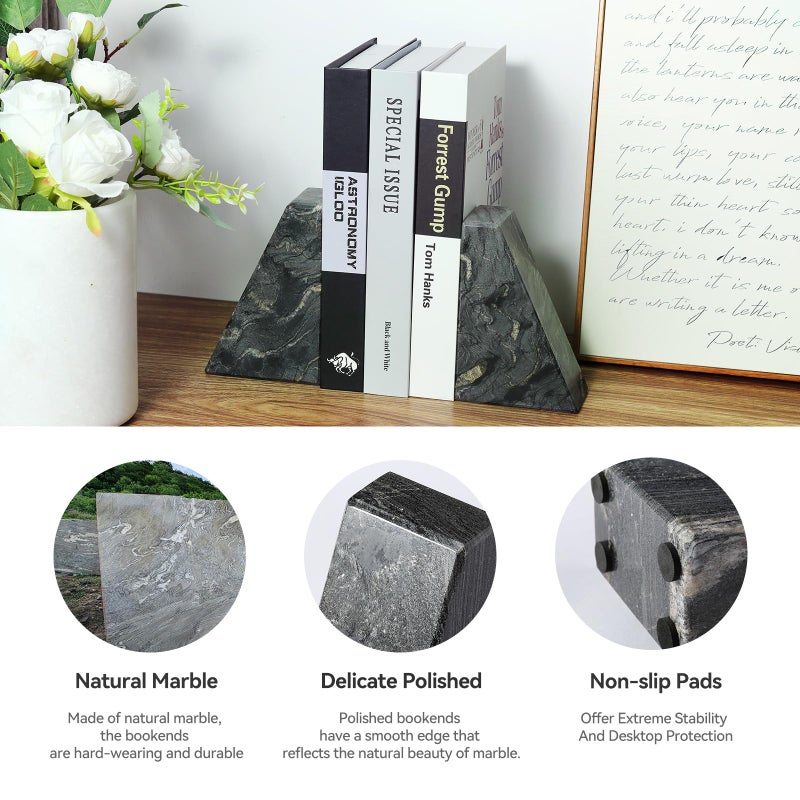 Karibiber Marble Bookends for Heavy Books, Decorative Book Ends for Shelves, Titanium Black Stone Durable and Heavy-Duty Book Ends for Hardback Books & CDS, Unique Book Stopper & Holder, Set of 2 - Image 3