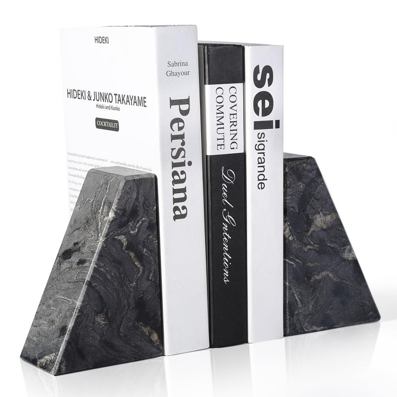 Karibiber Marble Bookends for Heavy Books, Decorative Book Ends for Shelves, Titanium Black Stone Durable and Heavy-Duty Book Ends for Hardback Books & CDS, Unique Book Stopper & Holder, Set of 2 - Image 1