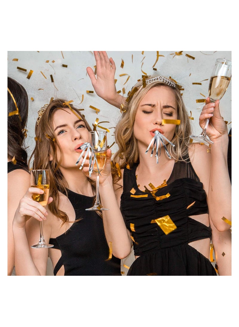 SYOSI Party Whistles, Noise Makers, 24Pcs Silver Glitter Metallic Fringed Noise Makers, Party Blower Paper Noisemakers Birthday Party Blowouts Whistles for Party Favors Supplies and Music Playing - Image 2