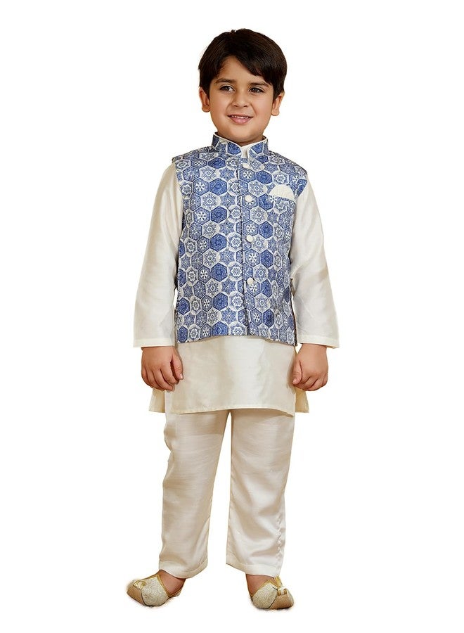 AJ Dezines طقم كورتا باجاما وسروال بويز من AJ DEZINES بأكمام كاملة من مزيج الحرير الأزرق - ملابس تقليدية | ملابس خاصة ومناسبات احتفالية | سترة للبنين - مقاس عادي (548-BLUE-2) - Image 1