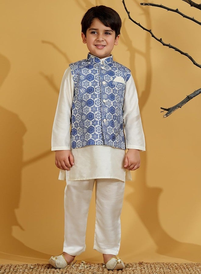 AJ Dezines طقم كورتا باجاما وسروال بويز من AJ DEZINES بأكمام كاملة من مزيج الحرير الأزرق - ملابس تقليدية | ملابس خاصة ومناسبات احتفالية | سترة للبنين - مقاس عادي (548-BLUE-2) - Image 2