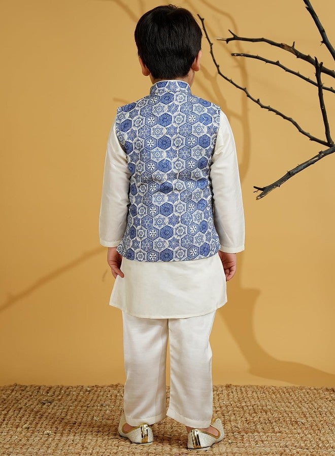 AJ Dezines طقم كورتا باجاما وسروال بويز من AJ DEZINES بأكمام كاملة من مزيج الحرير الأزرق - ملابس تقليدية | ملابس خاصة ومناسبات احتفالية | سترة للبنين - مقاس عادي (548-BLUE-2) - Image 3