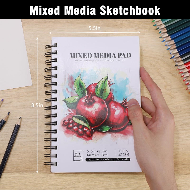 Prudiut 4 Pack Mixed Media Sketchbook, 5.5x8.5 inches Drawing Paper Sketch Book, 98lb/160gsm Heavyweight Spiral Bound Sketch Pads, Suitable for Wet and Dry Media, Drawing, Painting, Sketching(200 Sheets) - Image 2
