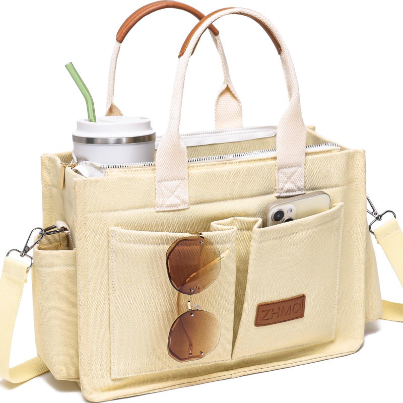 ZHMO Canvas Tote Bag for Women With Compartments and Zipper,Women's Bags Crossbody Bags Work Laptop Tote Bag Large Satchels Handbags Tote Purse Everyday Shoulder Bag for Travel Nurse Teacher Church - Image 1