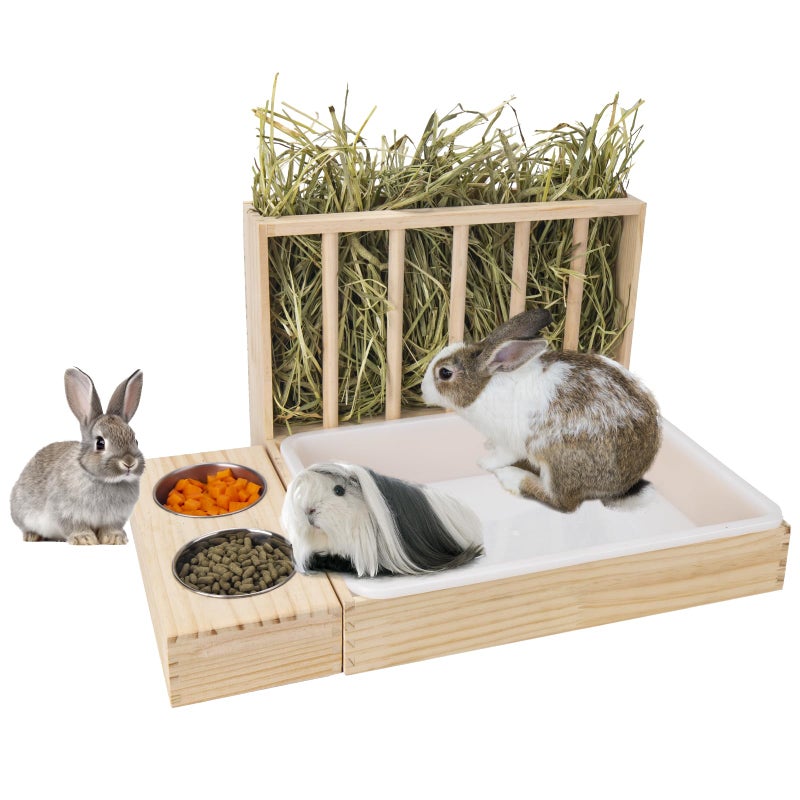 BESNEW 3 in 1 Rabbit Hay Feeder with Litter Box,Wooden Hay Feeder with 2 Bowls & Litter Box for Guinea Pig Chinchilla Bunny Other Small Animals,Large Capacity & Preventing Waste - Image 1