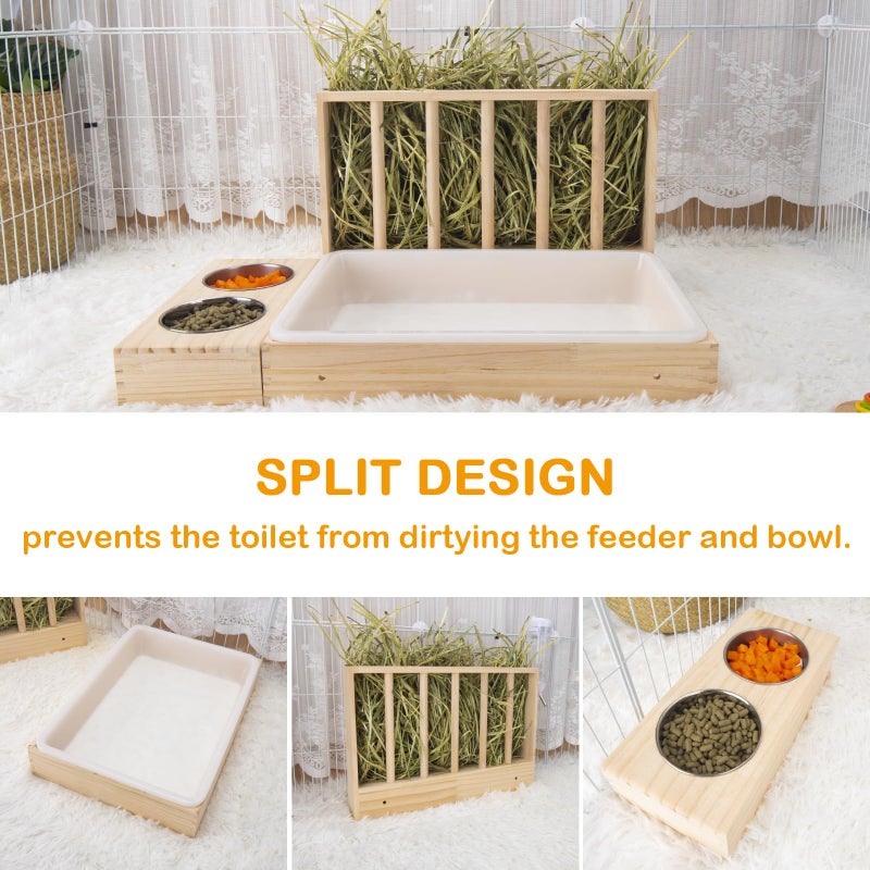 BESNEW 3 in 1 Rabbit Hay Feeder with Litter Box,Wooden Hay Feeder with 2 Bowls & Litter Box for Guinea Pig Chinchilla Bunny Other Small Animals,Large Capacity & Preventing Waste - Image 4