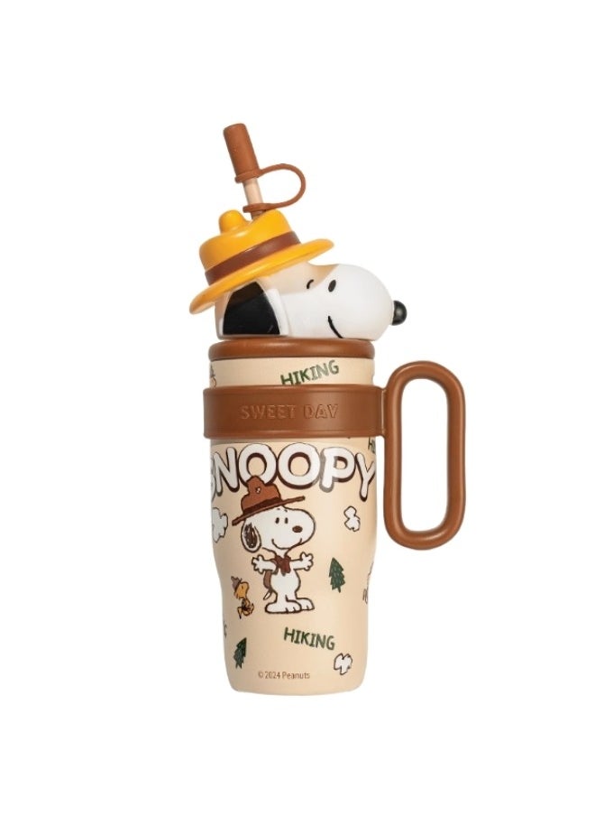 Peanuts Snoopy Cartoon Character Hiking  Insulated Stainless Thermos Mug,Brown and Beige Themed with Character Topper  - Image 1