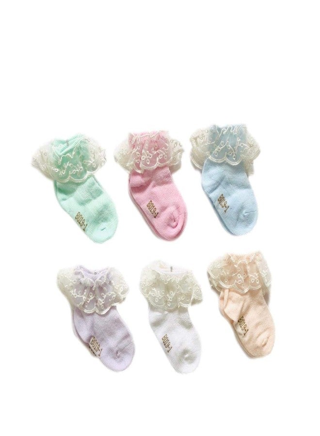 Freshfoot Cute and Colourful New Born Baby Girls Frill/Lace Socks For 0-3 Months (Pack of 4) (0-3 months) Multicolored (Mixed, 6) - Image 1