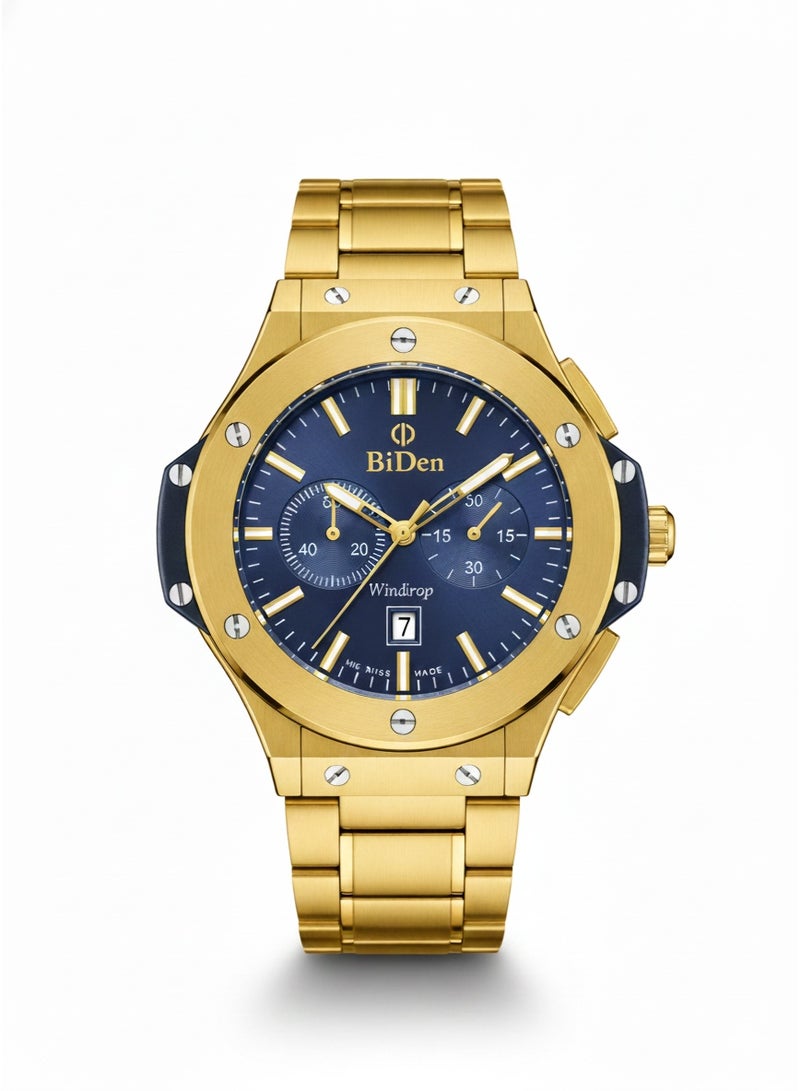 BiDen Windrop Luxury Men’s Watch | Gold-Tone Stainless Steel Bracelet | Blue Dial Chronograph Design with Date Display | Premium Quartz Timepiece