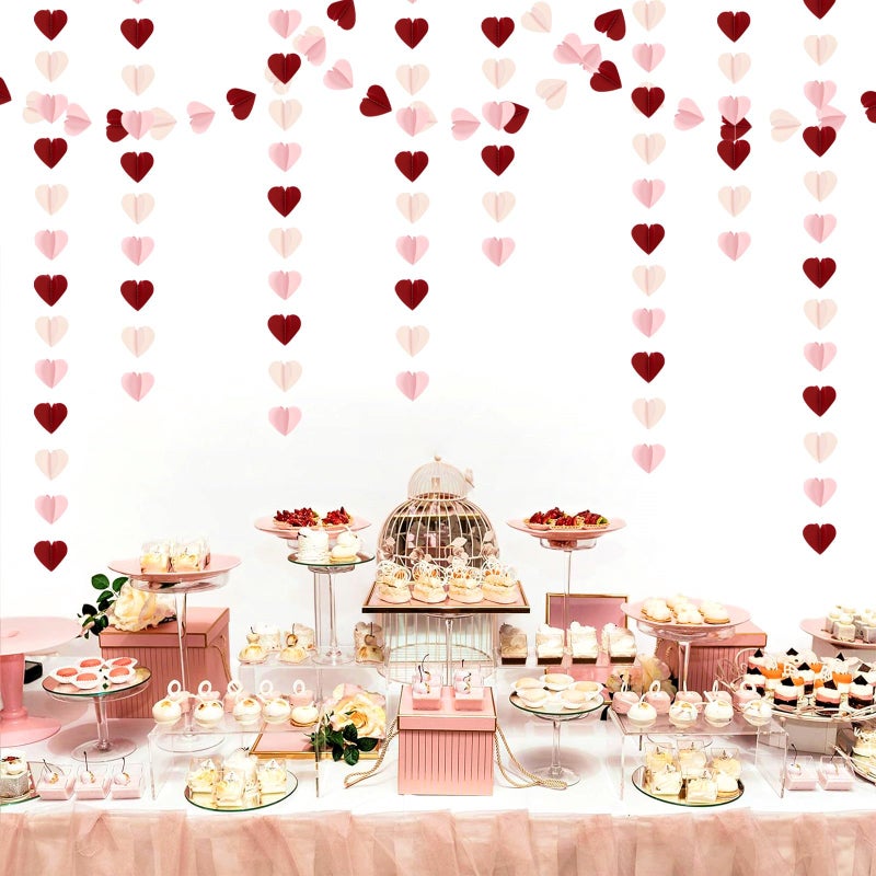burgleda Pink Burgundy-Red Valentines Party-Decorations Heart-Garland - 46ft 3D Wedding Hanging Streamers Banner,Birthday Baby Bachelorette Engagement Mothers Galentines Bridal Shower Backdrop Decor Burgleda - Image 4