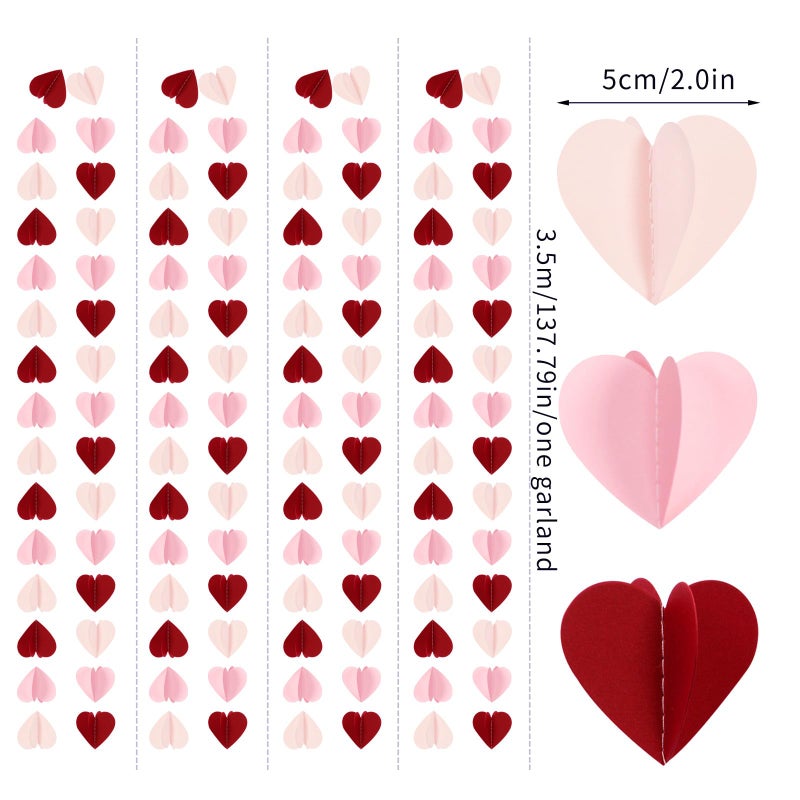 burgleda Pink Burgundy-Red Valentines Party-Decorations Heart-Garland - 46ft 3D Wedding Hanging Streamers Banner,Birthday Baby Bachelorette Engagement Mothers Galentines Bridal Shower Backdrop Decor Burgleda - Image 2