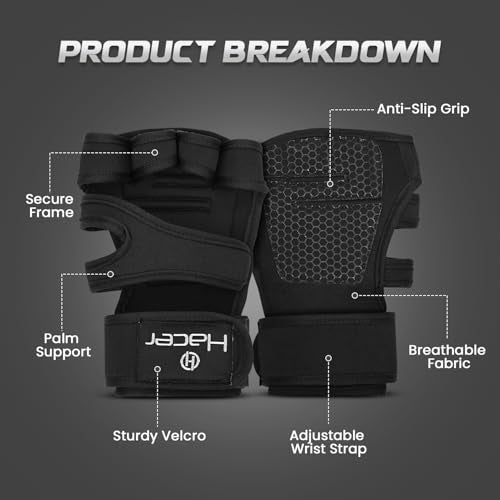 HACER Gym Gloves Weight Lifting Hand Grips with Wrist Wrap Support Half Finger Crossfit Glove for Workout Exercise Fitness Training Powerlifting Men and Women (XL, Black) - Image 2