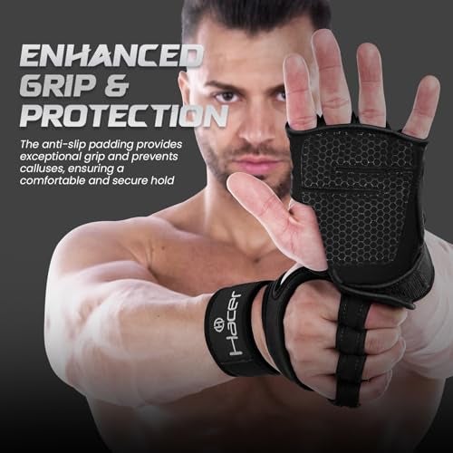 HACER Gym Gloves Weight Lifting Hand Grips with Wrist Wrap Support Half Finger Crossfit Glove for Workout Exercise Fitness Training Powerlifting Men and Women (XL, Black) - Image 3