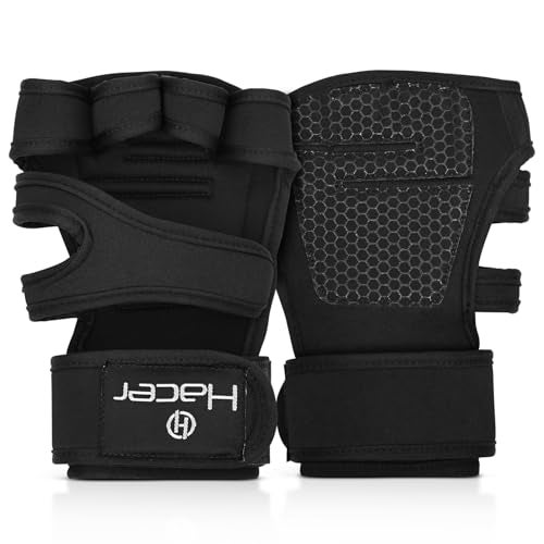 HACER Gym Gloves Weight Lifting Hand Grips with Wrist Wrap Support Half Finger Crossfit Glove for Workout Exercise Fitness Training Powerlifting Men and Women (XL, Black) - Image 1