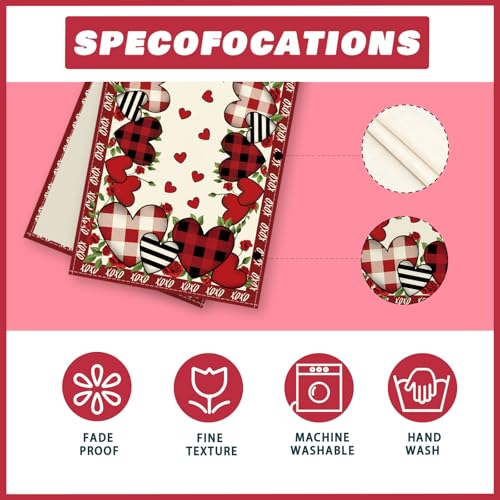 XCHI Buffalo Plaid Love Hearts Roses Flowers Valentine's Day Table Runner Table Decoration for Party Home Kitchen Dining Holiday Decor 13x72 Inch - Image 5