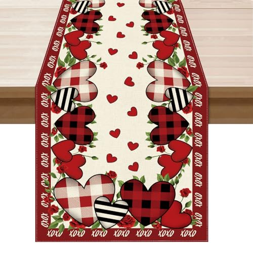 XCHI Buffalo Plaid Love Hearts Roses Flowers Valentine's Day Table Runner Table Decoration for Party Home Kitchen Dining Holiday Decor 13x72 Inch - Image 1