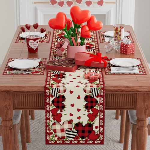 XCHI Buffalo Plaid Love Hearts Roses Flowers Valentine's Day Table Runner Table Decoration for Party Home Kitchen Dining Holiday Decor 13x72 Inch - Image 2