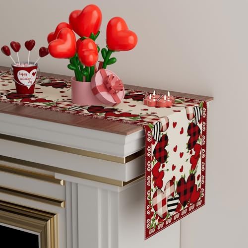 XCHI Buffalo Plaid Love Hearts Roses Flowers Valentine's Day Table Runner Table Decoration for Party Home Kitchen Dining Holiday Decor 13x72 Inch - Image 3
