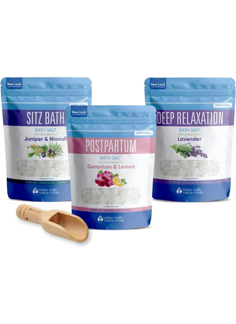 Better Bath Better Body Postpartum Bath Bundle 3 Pack of 2 Lbs Total 6 Lbs with Scoop Soothing Soaks with Sitz Salt and Deep Relaxation Bath Salt with Natural Pure Essential Oils in BPA Free Pouch Made in USA 
