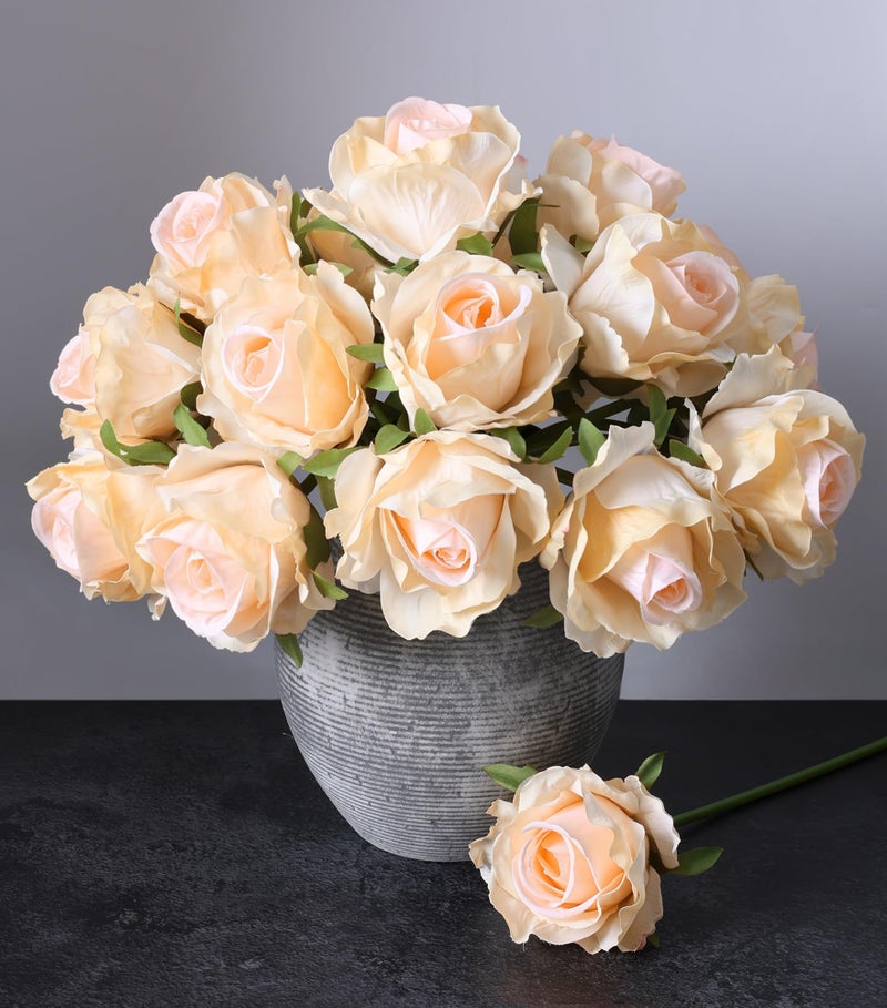 Ivydale 18pcs Champagne Roses Artificial Flowers, Fake Roses Silk Flowers with Stems Realistic Bouquet for Valentine's Day Wedding Party Home Decoration DIY Centerpiece Floral Romantic Gifts - Image 1