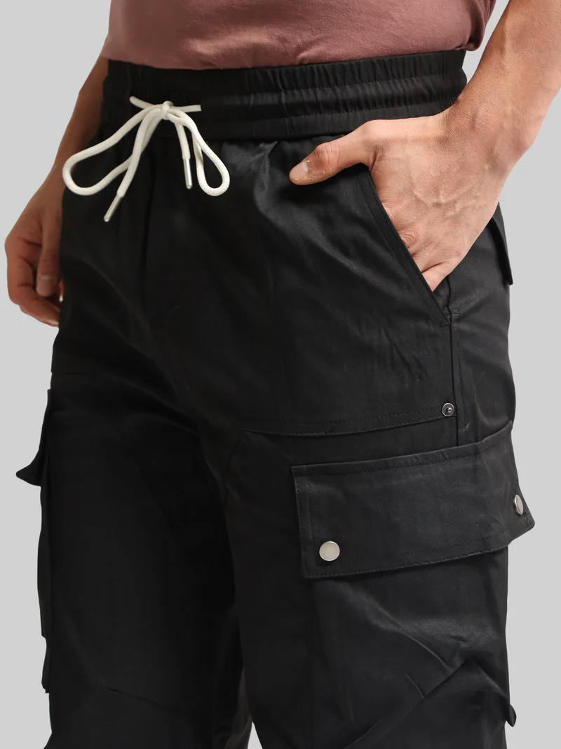 مانياك Maniac Mens AOP Printed Black Cotton Blend Baggy Cargo Pant