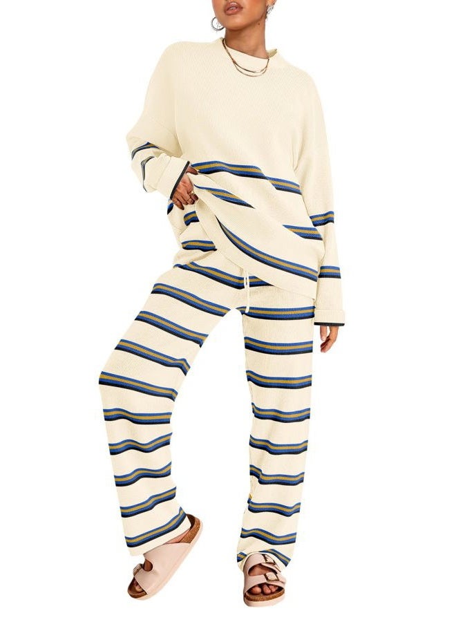 LILLUSORY 2 Piece Sets for Women 2025 Fall Outfits Two Piece Lounge Sets Sweatsuits Striped Knit Sweater Clothes Fashion, Stripes Beige, L - Image 1