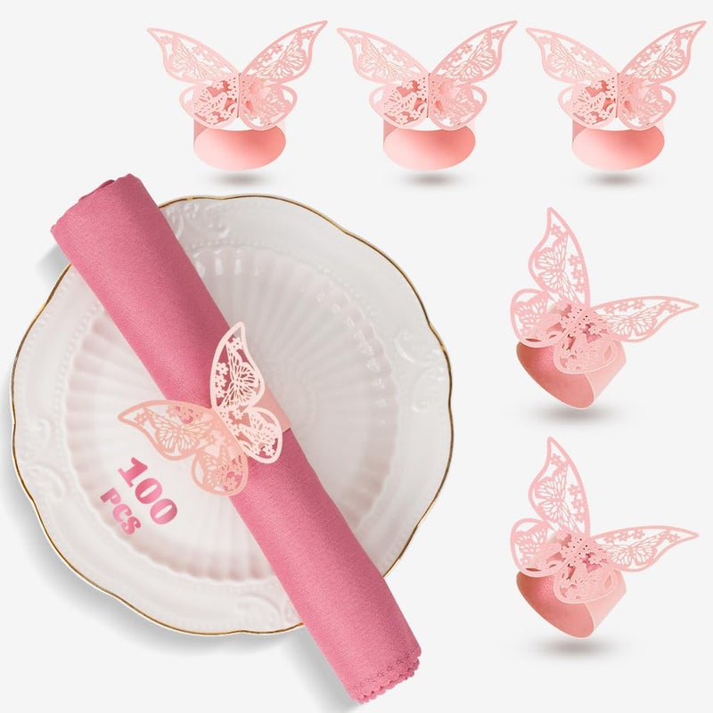 NPKRRSK 100 Pcs Napkin Rings Laser Cut Butterfly Shape Foil Paper Napkin Holder for Weddings Party Serviette Table Decoration Restaurant (Pink) - Image 1