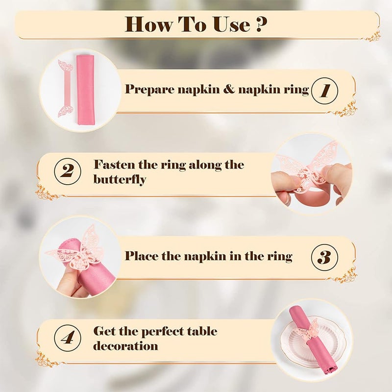 NPKRRSK 100 Pcs Napkin Rings Laser Cut Butterfly Shape Foil Paper Napkin Holder for Weddings Party Serviette Table Decoration Restaurant (Pink) - Image 4