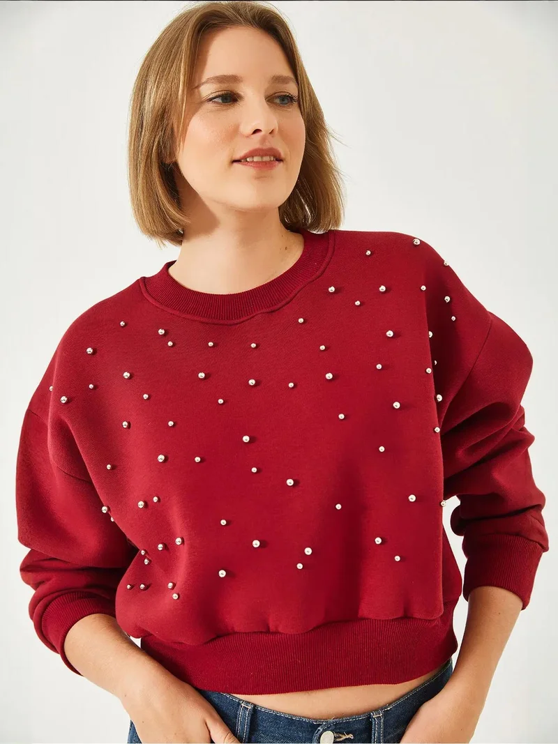 Bianco Lucci LUCCI Patterned Crew Neck Pullover with Pompom
