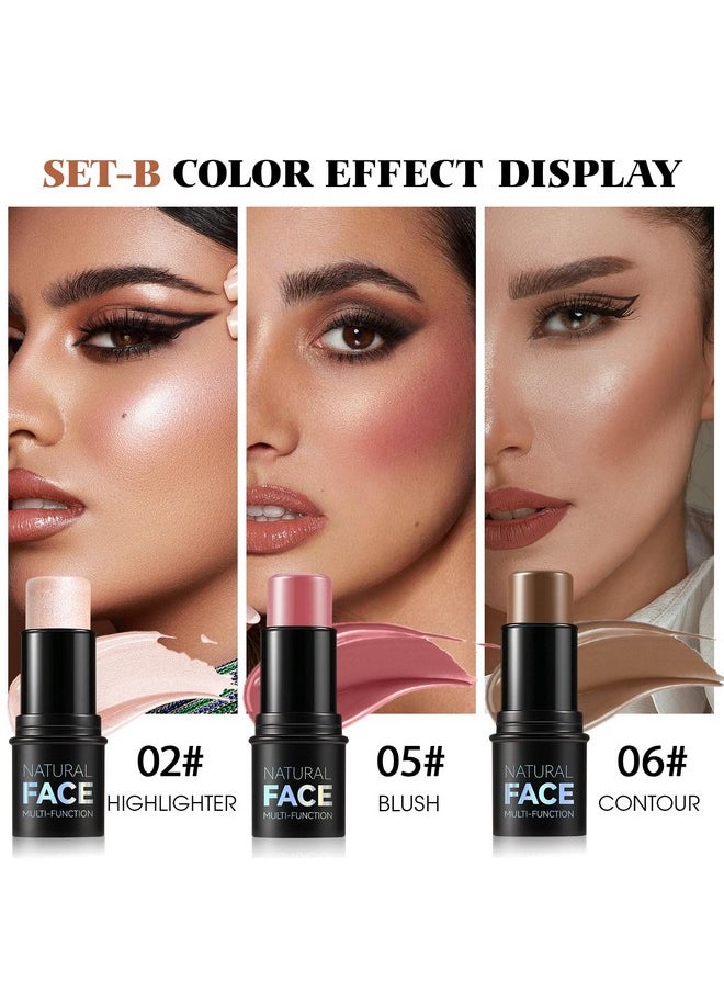 LSxia 3 Pcs Cream Contour Stick Makeup Kit With Brush Cream Blush & Highlighter & Contour Bronzer Stick For Cheeks Lightweight Blendable Dewy Finish Face Makeup Set For All Skin (02 05 06)  - Image 3