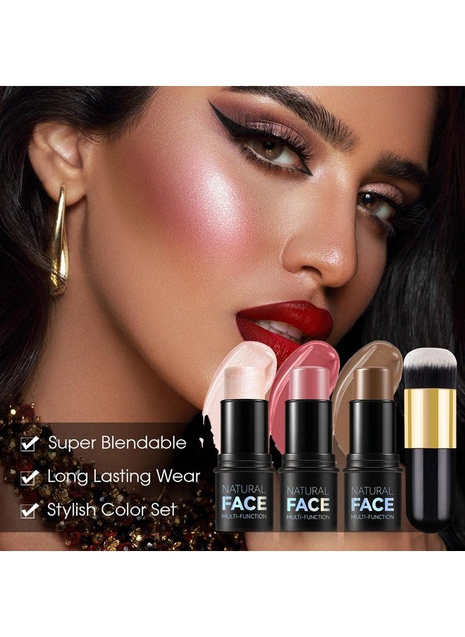 LSxia 3 Pcs Cream Contour Stick Makeup Kit With Brush Cream Blush & Highlighter & Contour Bronzer Stick For Cheeks Lightweight Blendable Dewy Finish Face Makeup Set For All Skin (02 05 06)  - Image 2
