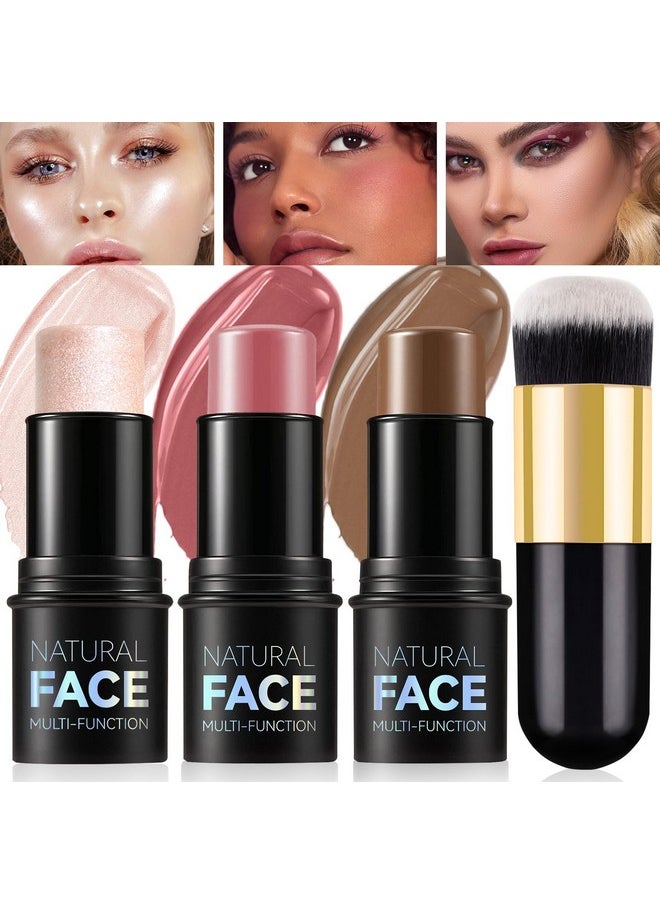 LSxia 3 Pcs Cream Contour Stick Makeup Kit With Brush Cream Blush & Highlighter & Contour Bronzer Stick For Cheeks Lightweight Blendable Dewy Finish Face Makeup Set For All Skin (02 05 06)  - Image 1