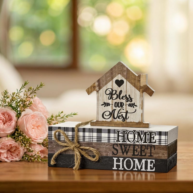 Sm:)e Smile Farmhouse Wooden Tabletop Decor Rustic Home Sweet Home Table Centerpiece, Block Sign Tiered Tray Decoration for Kitchen Shelves Desk Mantel - Image 4