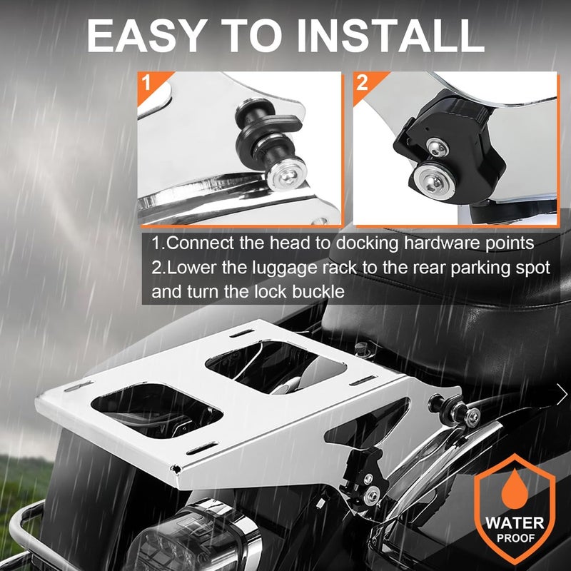 AUFER Chrome Two Up Mounting Bracket Luggage Rack with 4 Point Docking Hardware for Touring Models 2014-2020 - Image 5