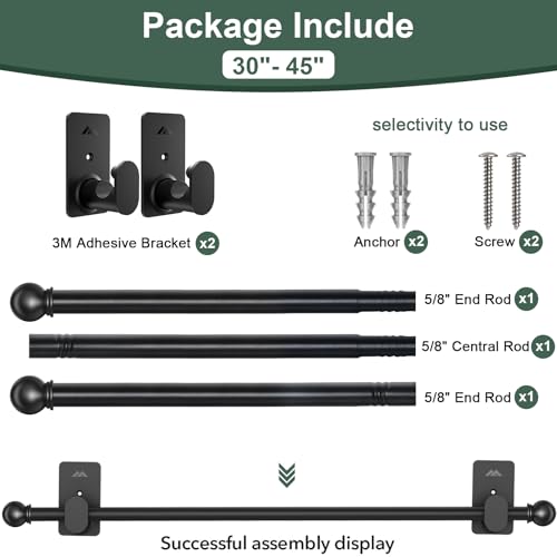 ZNONOX Curtain Rods No Drilling for Windows 30 to 45 Inches,5/8 Inch Diameter No Drill Curtain Rod Set with 3M Adhesive Brackets, Black - Image 5