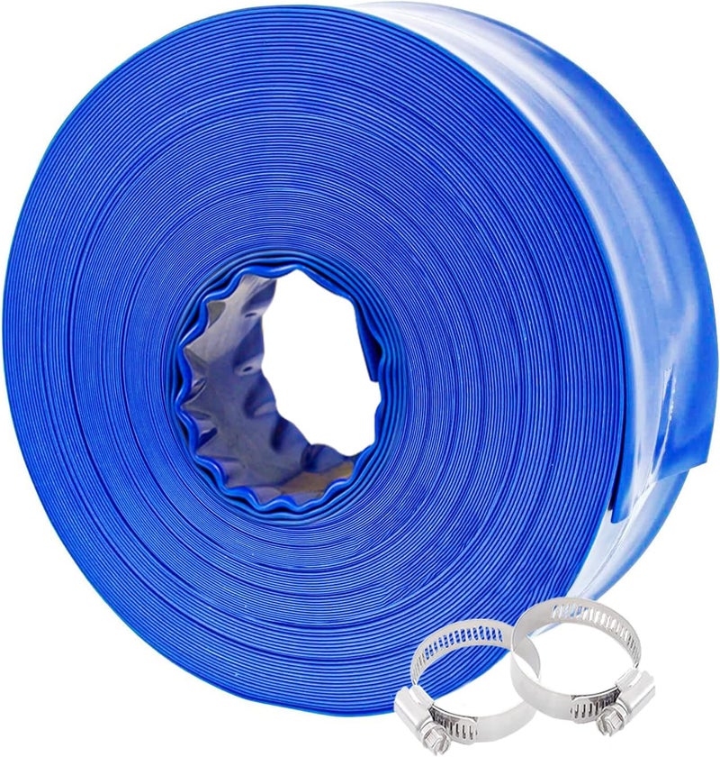 Poolvio 1-1/2" x 100' Professional Blue Backwash Hose with Clamps, General Purpose Reinforced PVC Lay-Flat Water Discharge Hose,for Use While Back-Washing Filters and Draining Pools - Image 1