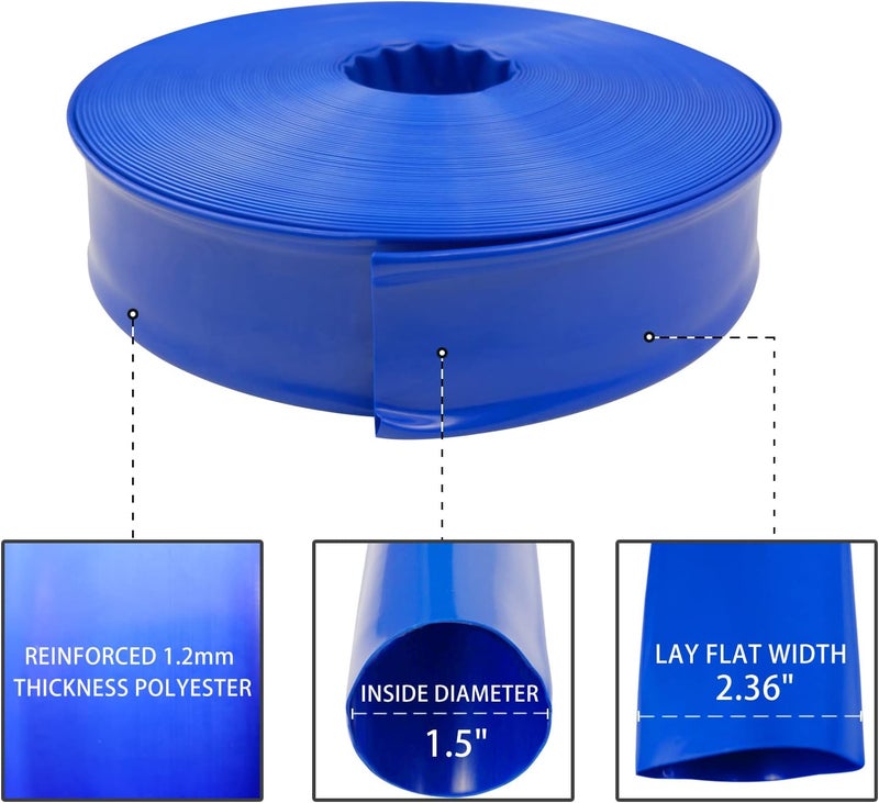 Poolvio 1-1/2" x 100' Professional Blue Backwash Hose with Clamps, General Purpose Reinforced PVC Lay-Flat Water Discharge Hose,for Use While Back-Washing Filters and Draining Pools - Image 4