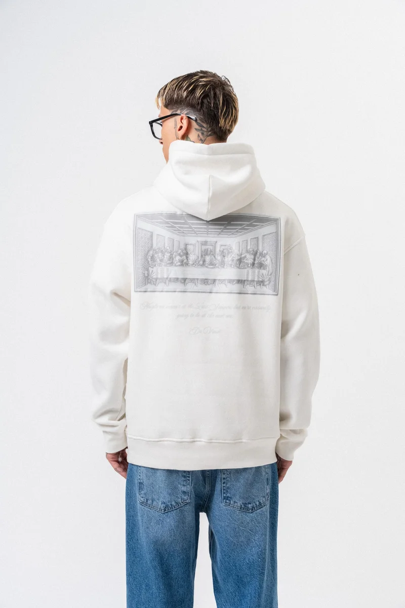 RESPIRE Men's Da Vinci Printed Hooded Oversize Hoodie Ecru
