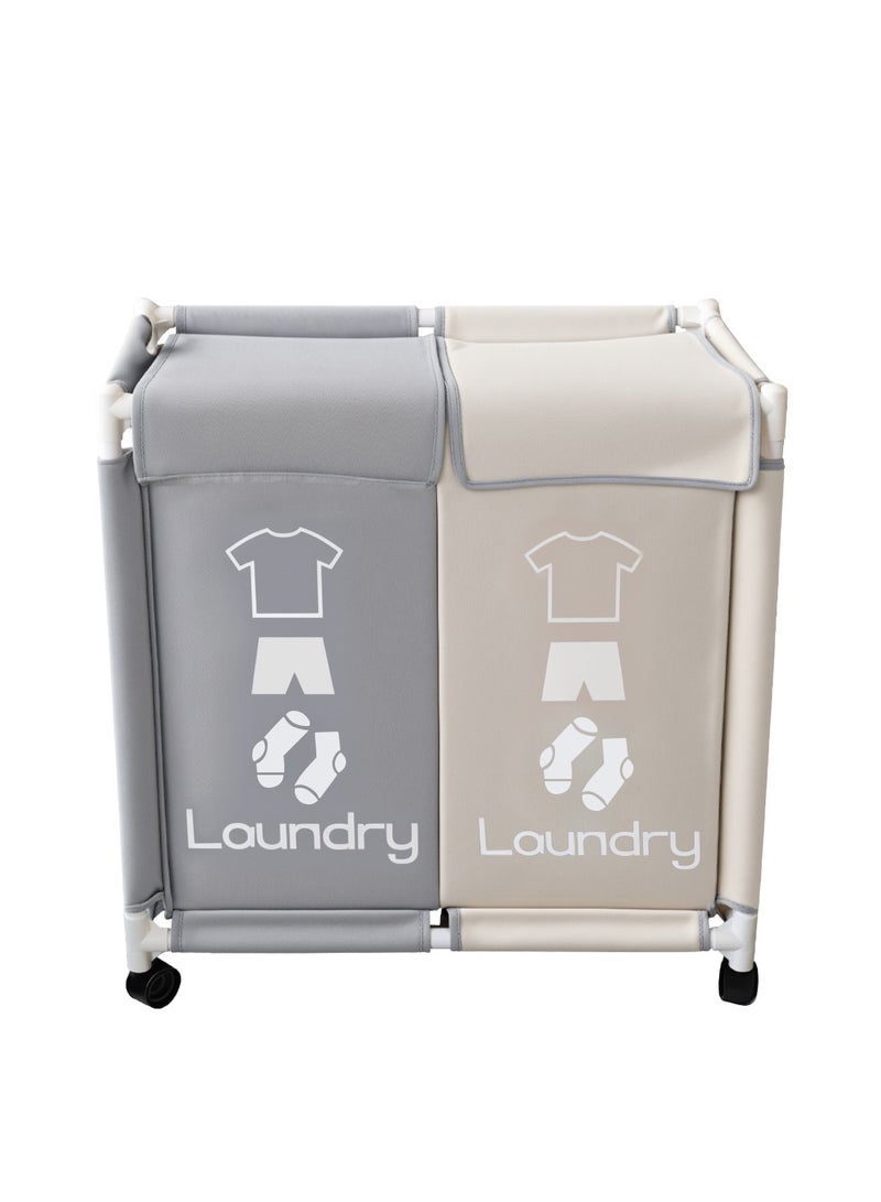 2-Section Laundry Basket with Wheels White/Grey - Image 1