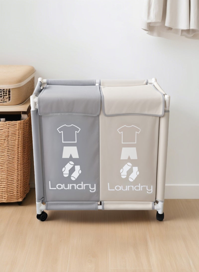 2-Section Laundry Basket with Wheels White/Grey - Image 2
