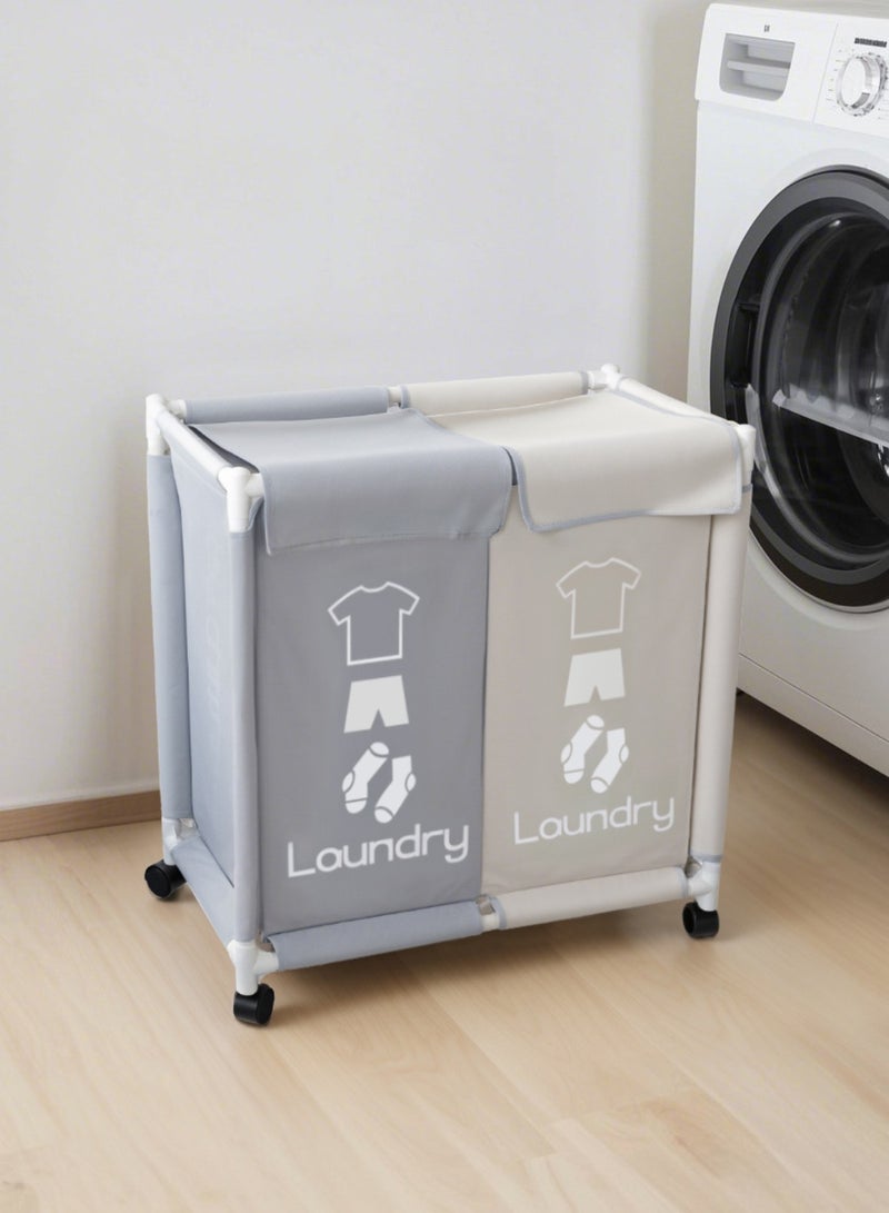 2-Section Laundry Basket with Wheels White/Grey - Image 3