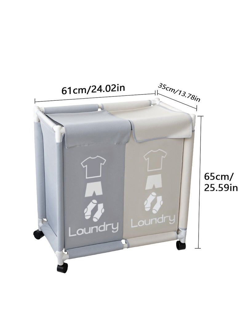 2-Section Laundry Basket with Wheels White/Grey - Image 4
