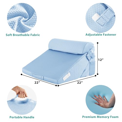 Bedluxe 3Pcs Orthopedic Bed Wedge Pillow Set, Foam Wedge Pillow Post Surgery for Back, Leg and Knee Support, Adjustable 9&12 Inch Folding Triangle Pillow for Sleeping, Acid Reflux, Snoring, Light Blue - Image 2