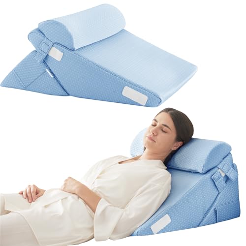 Bedluxe 3Pcs Orthopedic Bed Wedge Pillow Set, Foam Wedge Pillow Post Surgery for Back, Leg and Knee Support, Adjustable 9&12 Inch Folding Triangle Pillow for Sleeping, Acid Reflux, Snoring, Light Blue - Image 1
